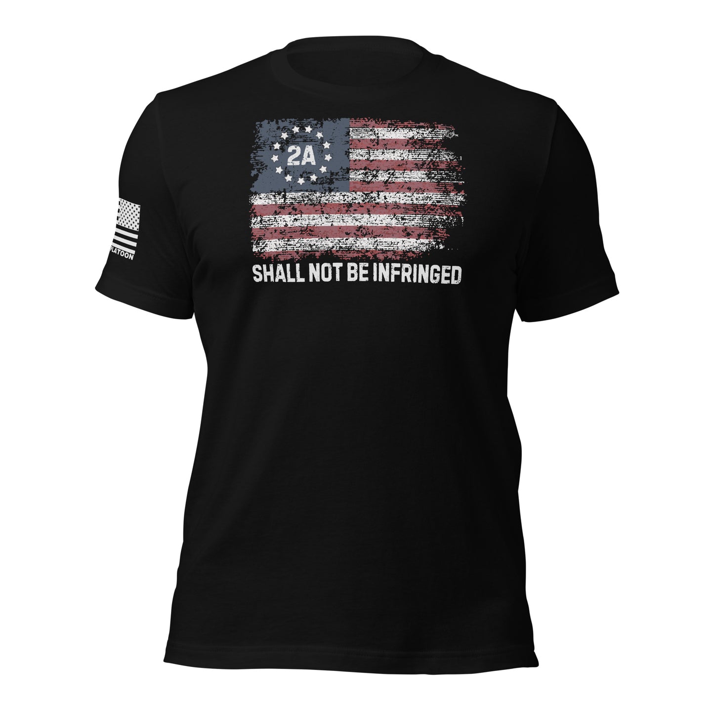 Black t-shirt with distressed American flag and “2A Shall Not Be Infringed” text, perfect for patriotic gun owners and Second Amendment supporters.