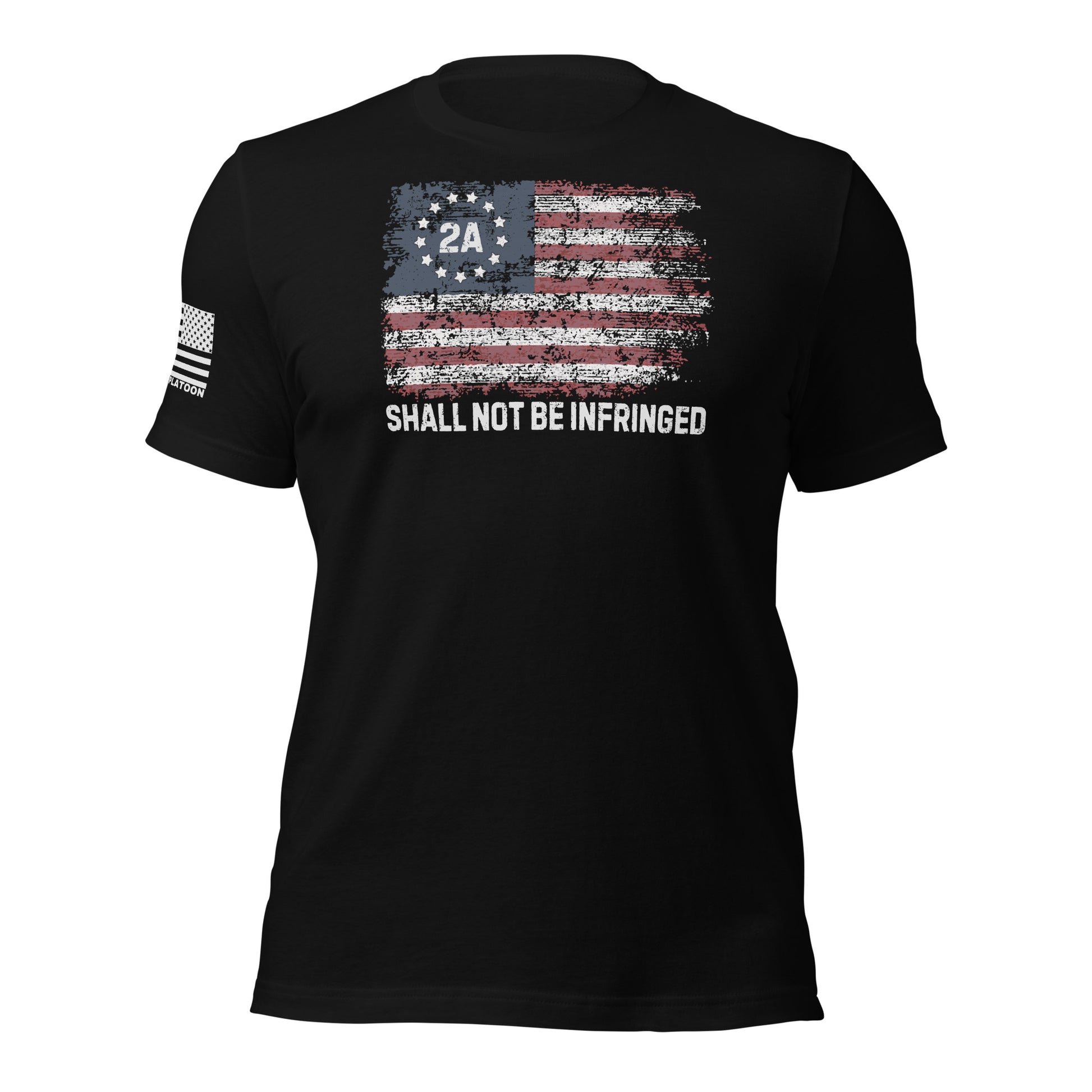 Black t-shirt with distressed American flag and “2A Shall Not Be Infringed” text, perfect for patriotic gun owners and Second Amendment supporters.