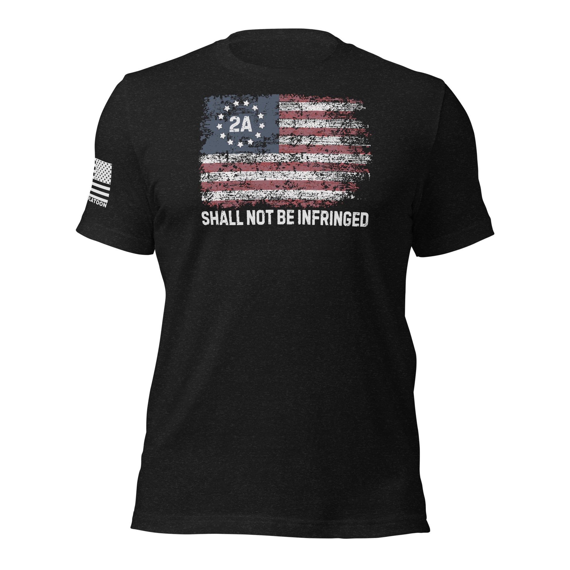 Black heather t-shirt with distressed American flag and “2A Shall Not Be Infringed” text, perfect for patriotic gun owners and Second Amendment supporters.