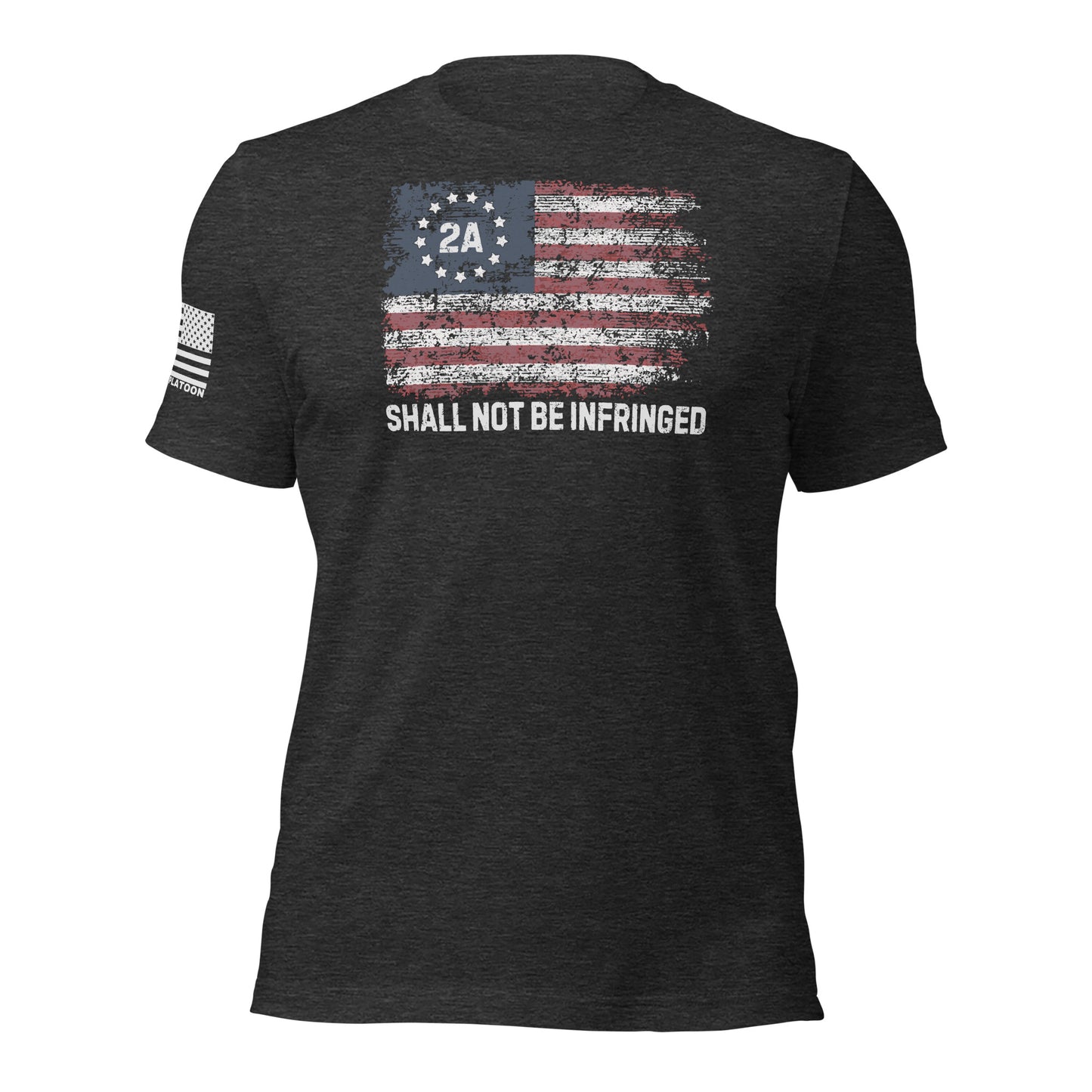 Dark Grey Heather t-shirt with distressed American flag and “2A Shall Not Be Infringed” text, perfect for patriotic gun owners and Second Amendment supporters.