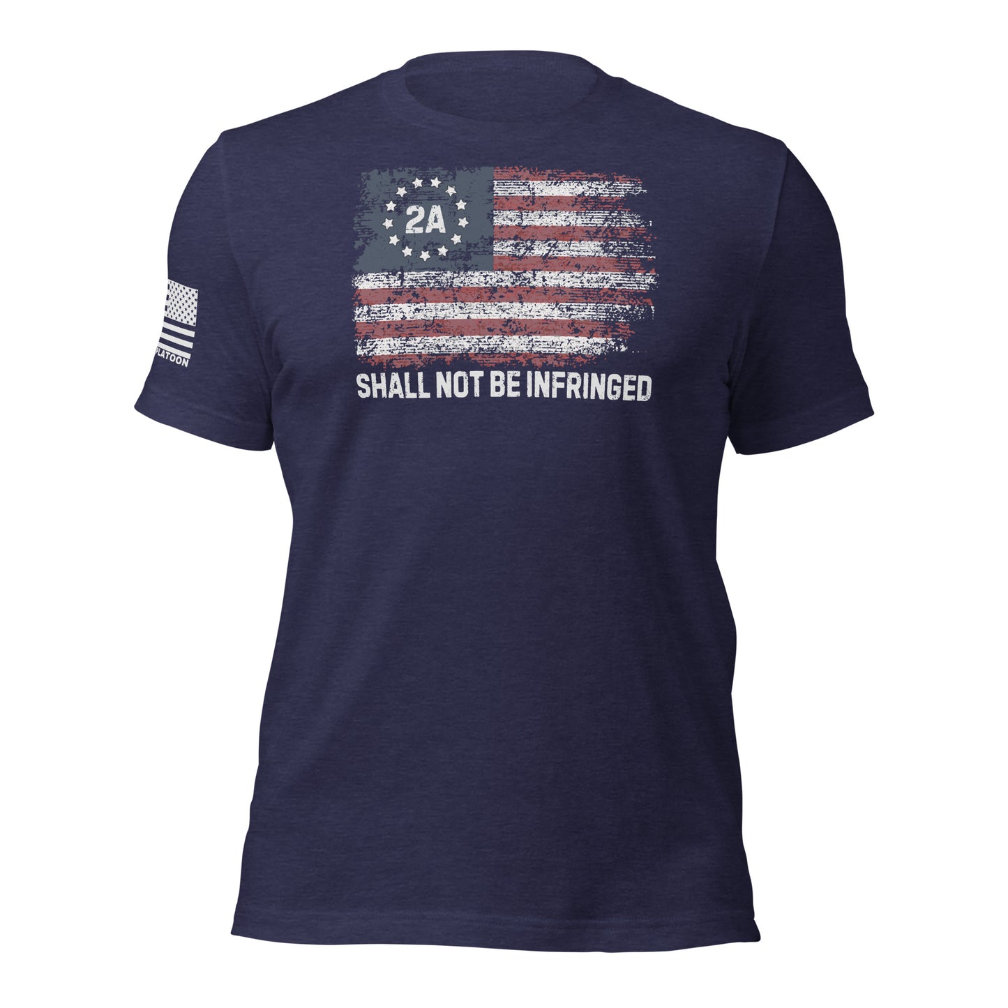 Heather midnight navy t-shirt with distressed American flag and “2A Shall Not Be Infringed” text, perfect for patriotic gun owners and Second Amendment supporters.