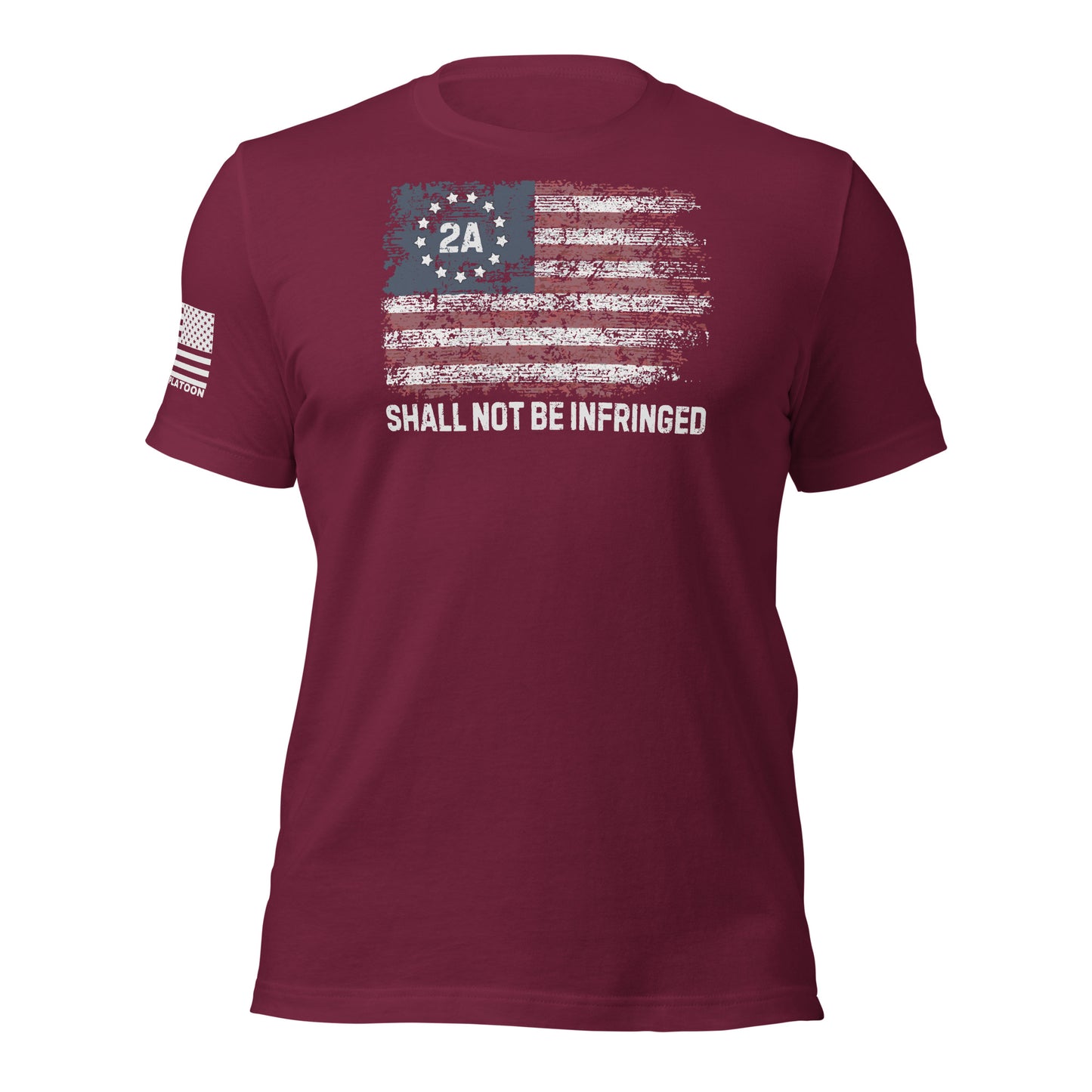 Maroon t-shirt with distressed American flag and “2A Shall Not Be Infringed” text, perfect for patriotic gun owners and Second Amendment supporters.