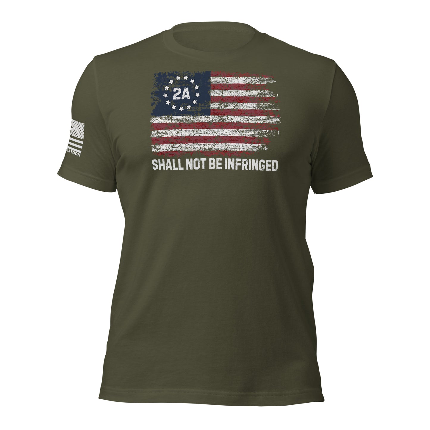 Military green t-shirt with distressed American flag and “2A Shall Not Be Infringed” text, perfect for patriotic gun owners and Second Amendment supporters.