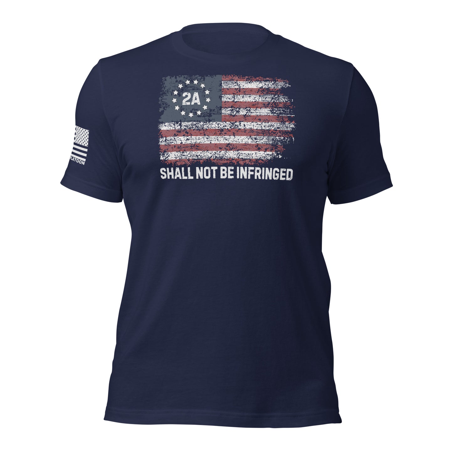 Navy t-shirt with distressed American flag and “2A Shall Not Be Infringed” text, perfect for patriotic gun owners and Second Amendment supporters.