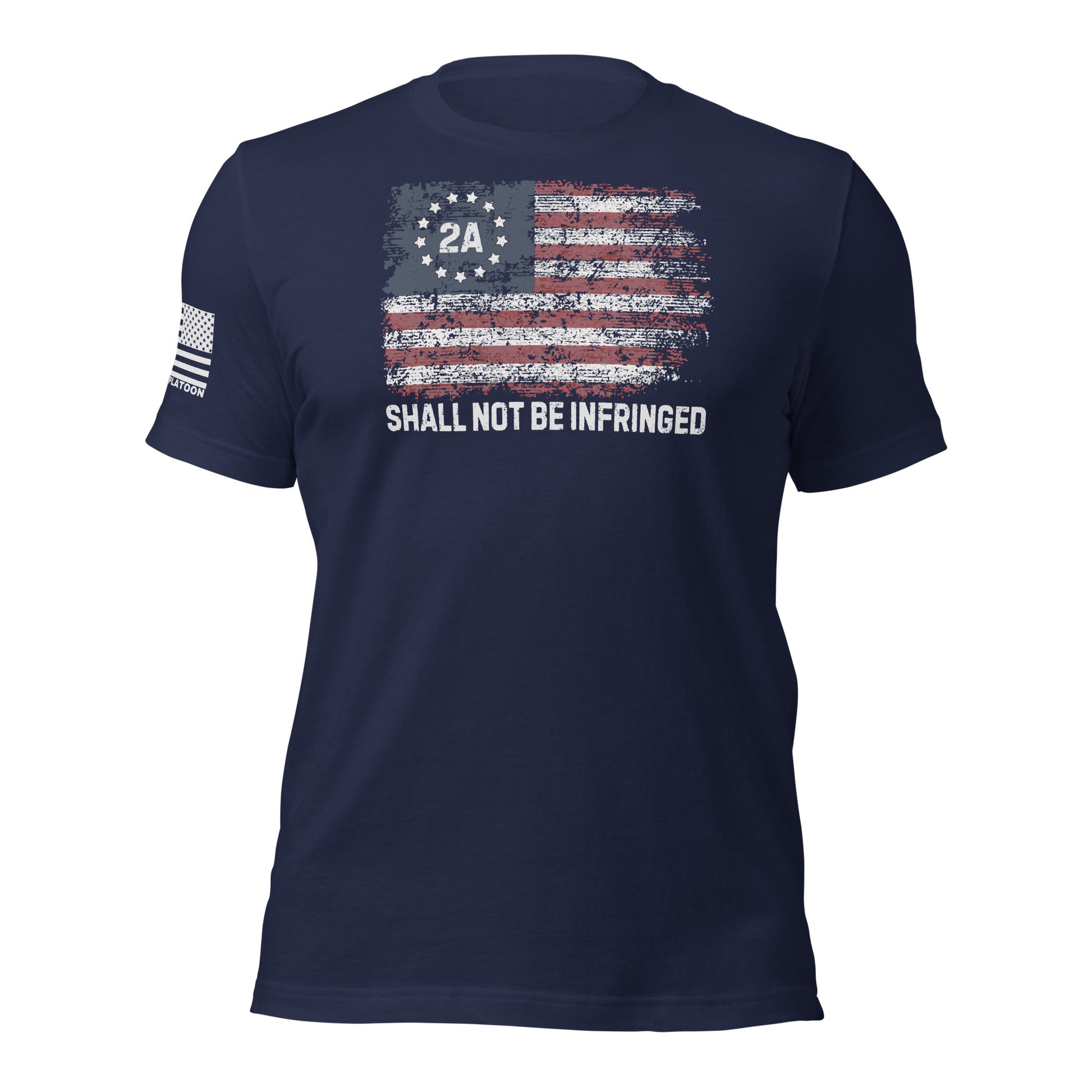 Navy t-shirt with distressed American flag and “2A Shall Not Be Infringed” text, perfect for patriotic gun owners and Second Amendment supporters.