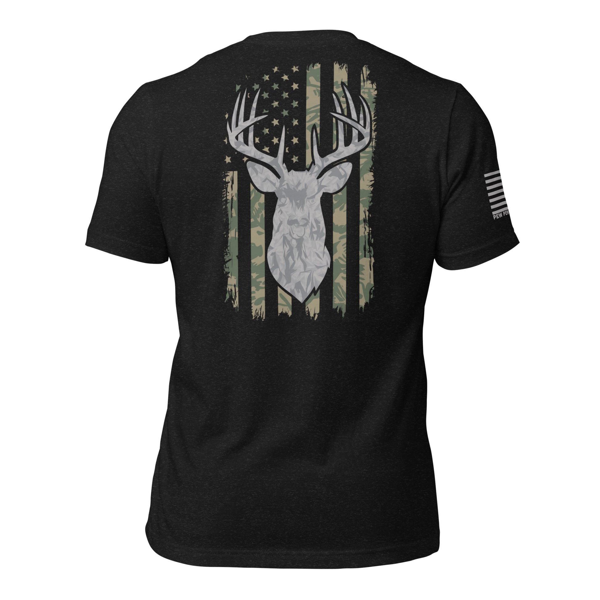 Men's patriotic t-shirt featuring a deer Silhouette over a distressed American flag with a camouflage pattern. Perfect for hunters, veterans, and outdoor enthusiasts who love patriotic apparel made in the USA.