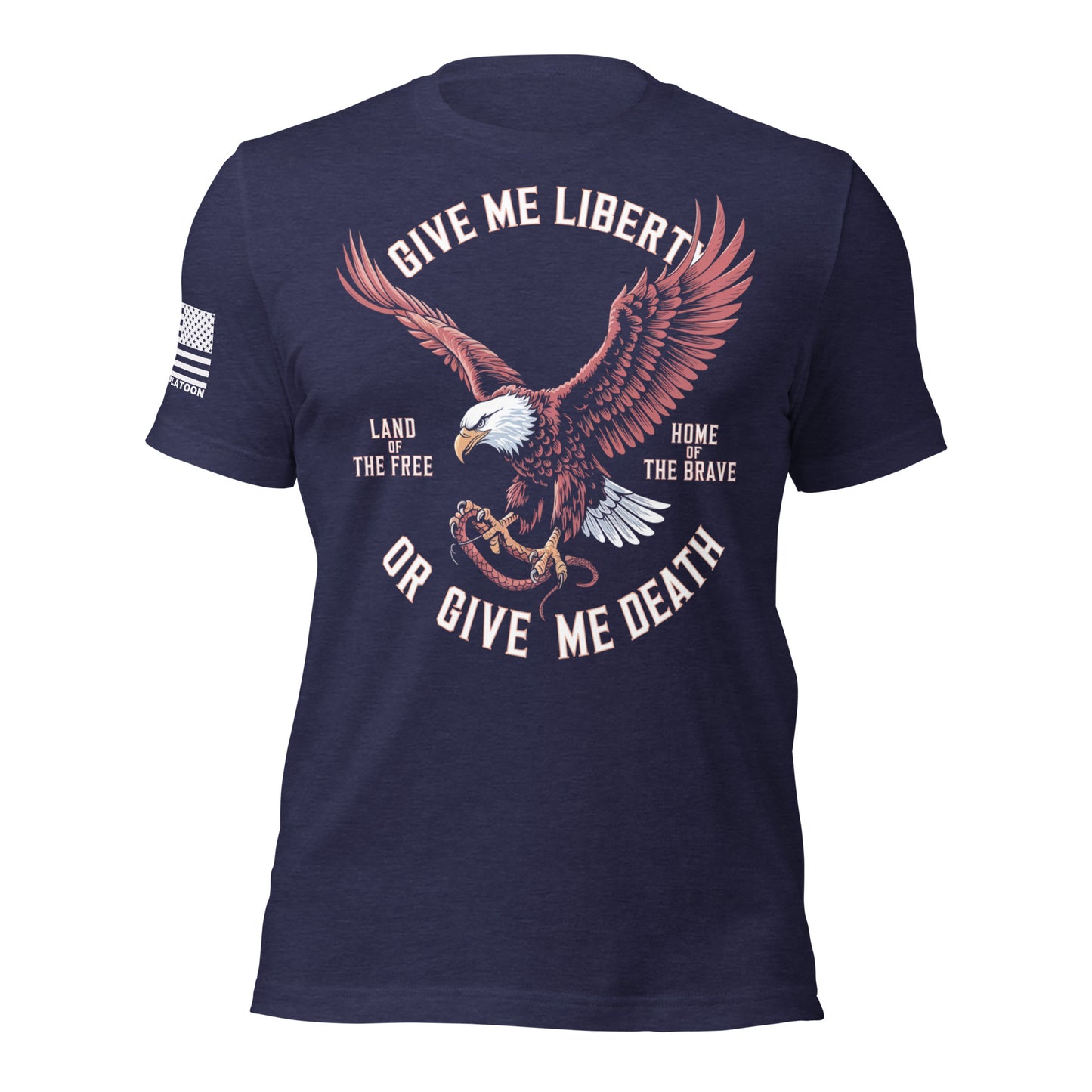 Navy blue t-shirt featuring a fierce bald eagle and “Give Me Liberty or Give Me Death” text, designed for patriotic Americans who value freedom.