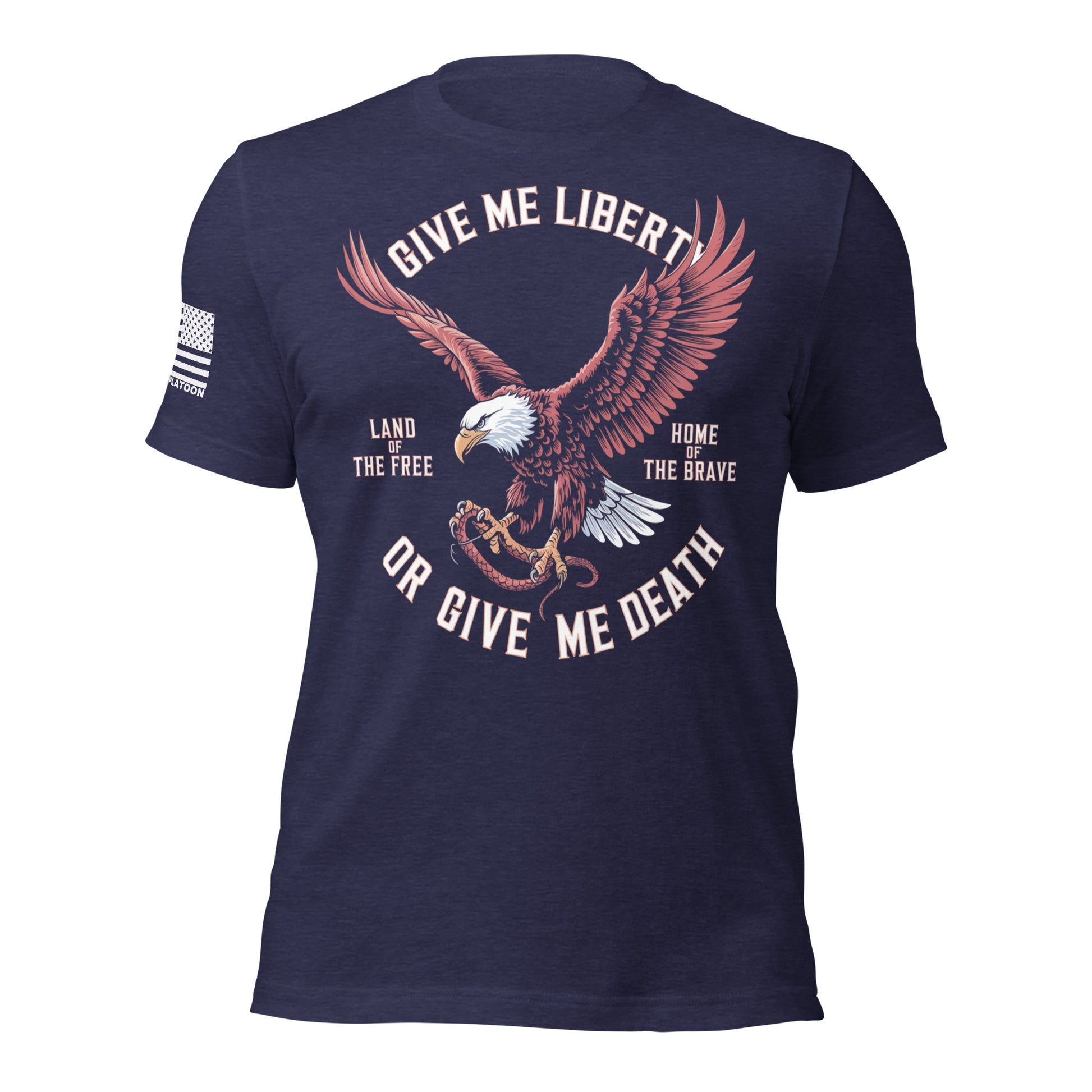 Navy blue t-shirt featuring a fierce bald eagle and “Give Me Liberty or Give Me Death” text, designed for patriotic Americans who value freedom.