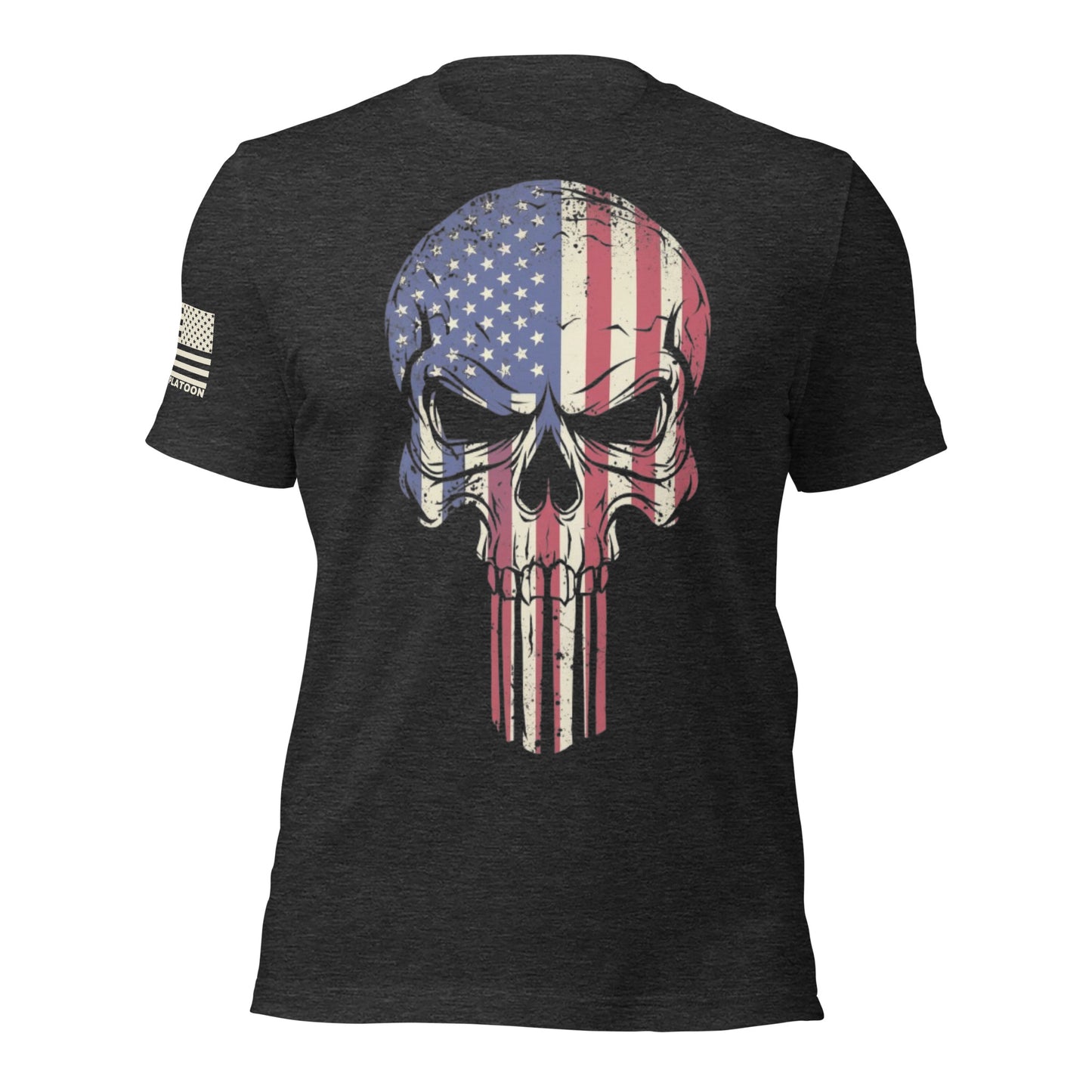 Patriotic Skull T-Shirt – American flag skull design on a Dark Grey tee, made in the USA, perfect for veterans, gun enthusiasts, and proud patriots