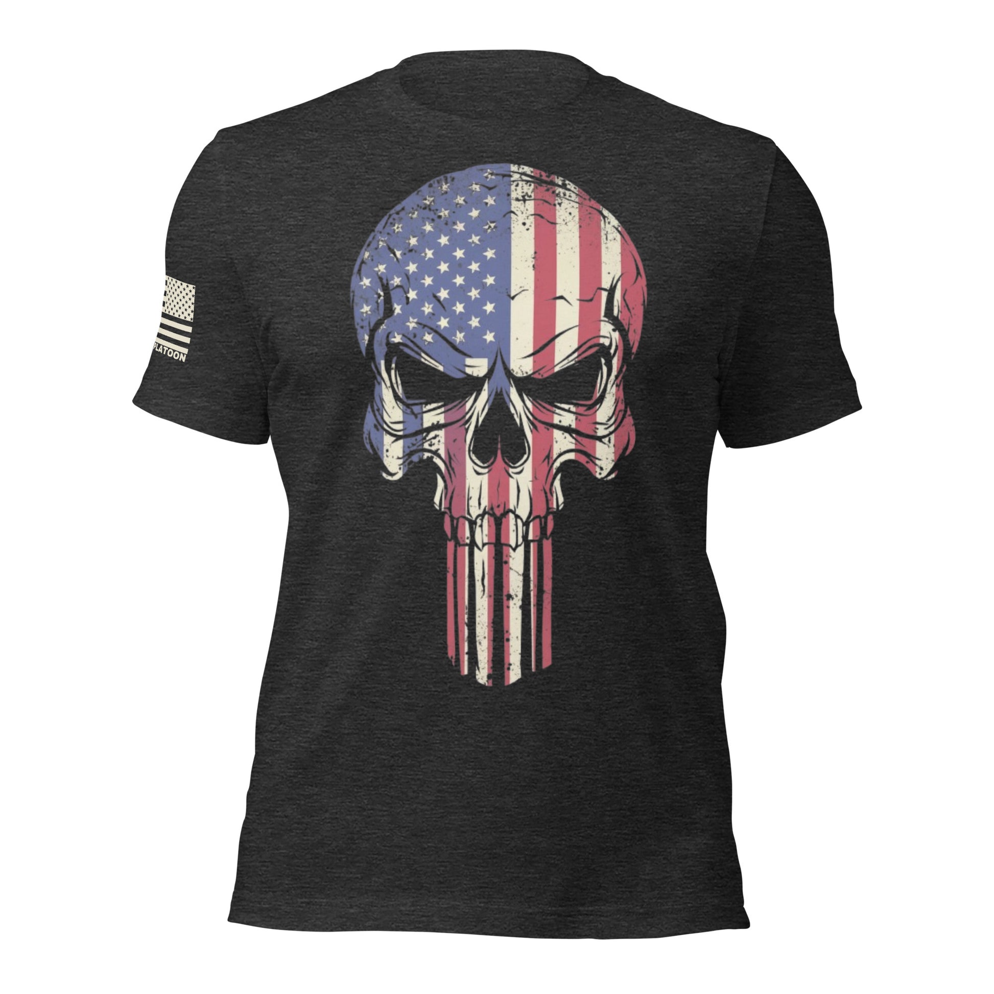 Patriotic Skull T-Shirt – American flag skull design on a Dark Grey tee, made in the USA, perfect for veterans, gun enthusiasts, and proud patriots