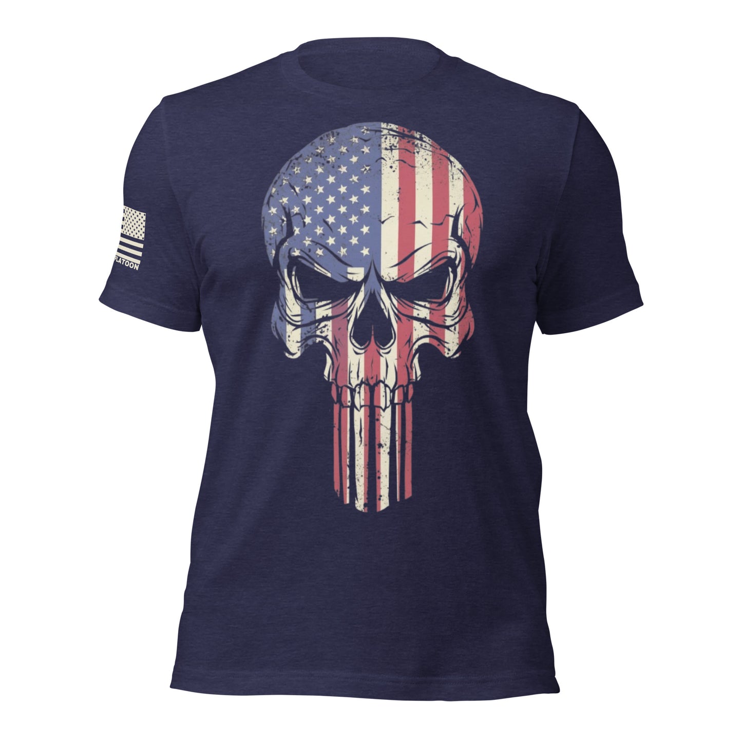 Patriotic Skull T-Shirt – American flag skull design on a midnight navy tee, made in the USA, perfect for veterans, gun enthusiasts, and proud patriots
