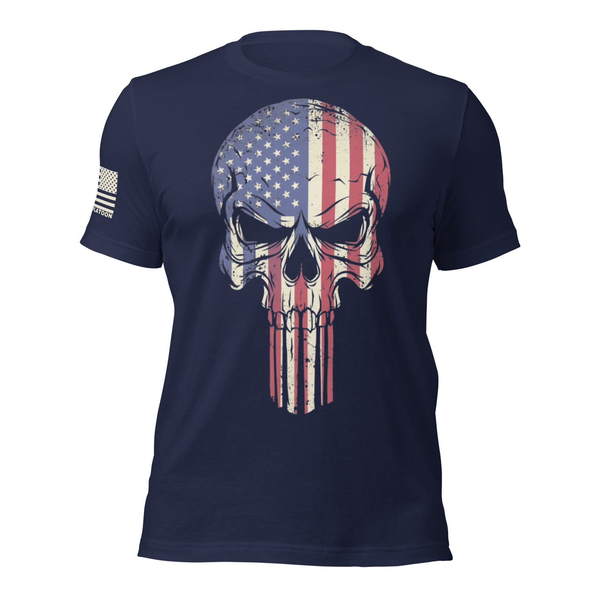 Patriotic Skull T-Shirt – American flag skull design on a Navy tee, made in the USA, perfect for veterans, gun enthusiasts, and proud patriots