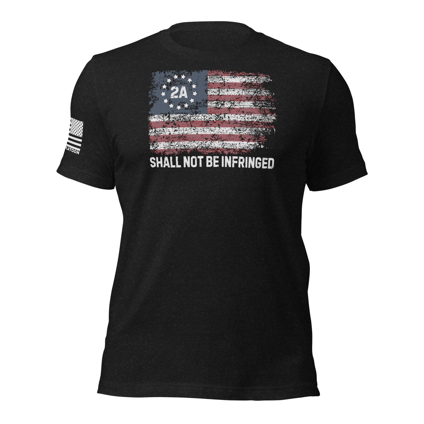 Black heather t-shirt with distressed American flag and “2A Shall Not Be Infringed” text, perfect for patriotic gun owners and Second Amendment supporters.