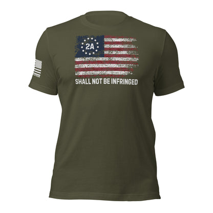Military green t-shirt with distressed American flag and “2A Shall Not Be Infringed” text, perfect for patriotic gun owners and Second Amendment supporters.