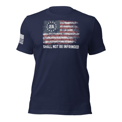 Navy t-shirt with distressed American flag and “2A Shall Not Be Infringed” text, perfect for patriotic gun owners and Second Amendment supporters.