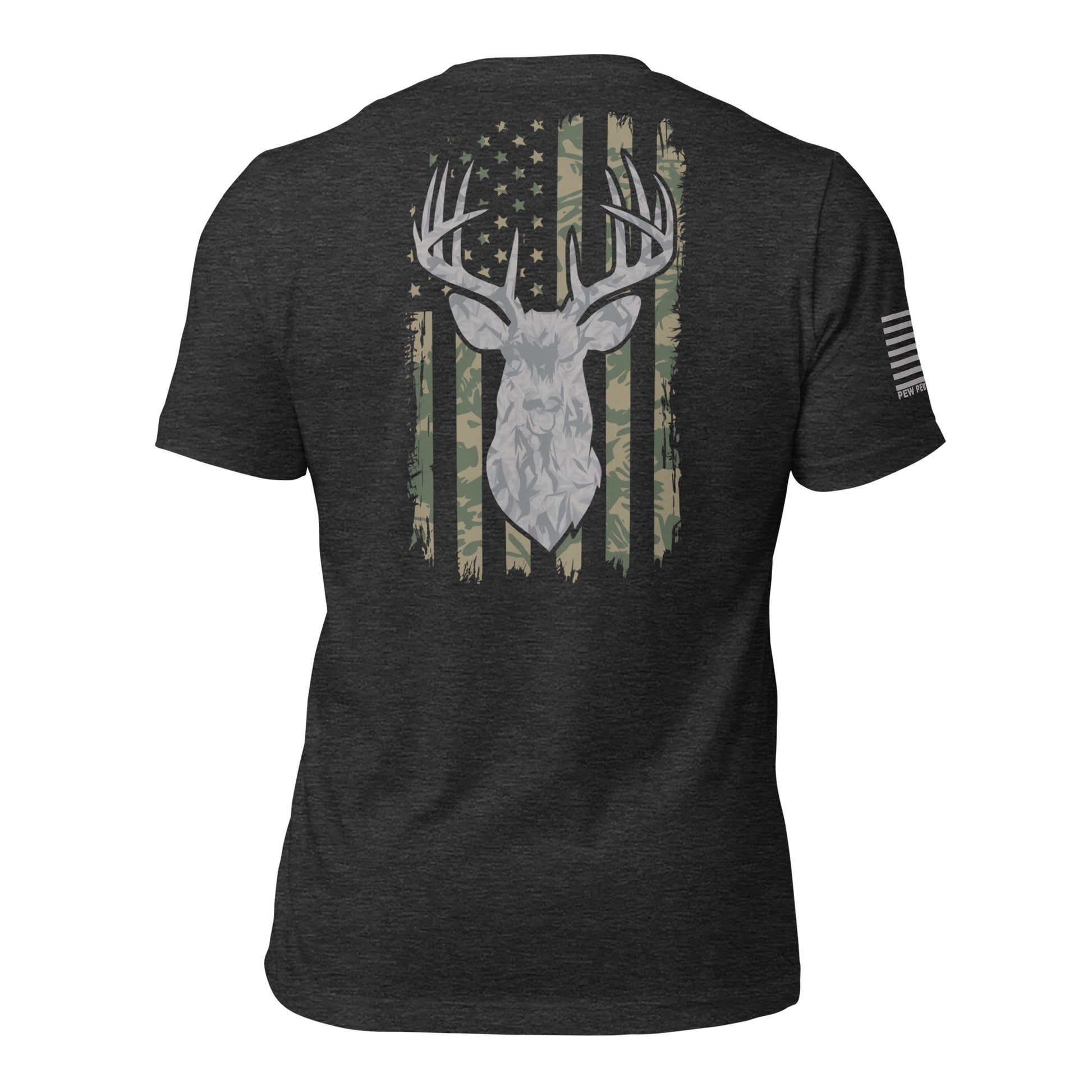 Men's Dark Gray patriotic t-shirt featuring a deer Silhouette over a distressed American flag with a camouflage pattern. Perfect for hunters, veterans, and outdoor enthusiasts who love patriotic apparel made in the USA.