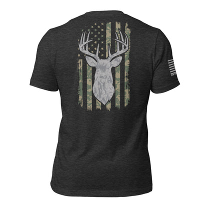 Men's Dark Gray patriotic t-shirt featuring a deer Silhouette over a distressed American flag with a camouflage pattern. Perfect for hunters, veterans, and outdoor enthusiasts who love patriotic apparel made in the USA.