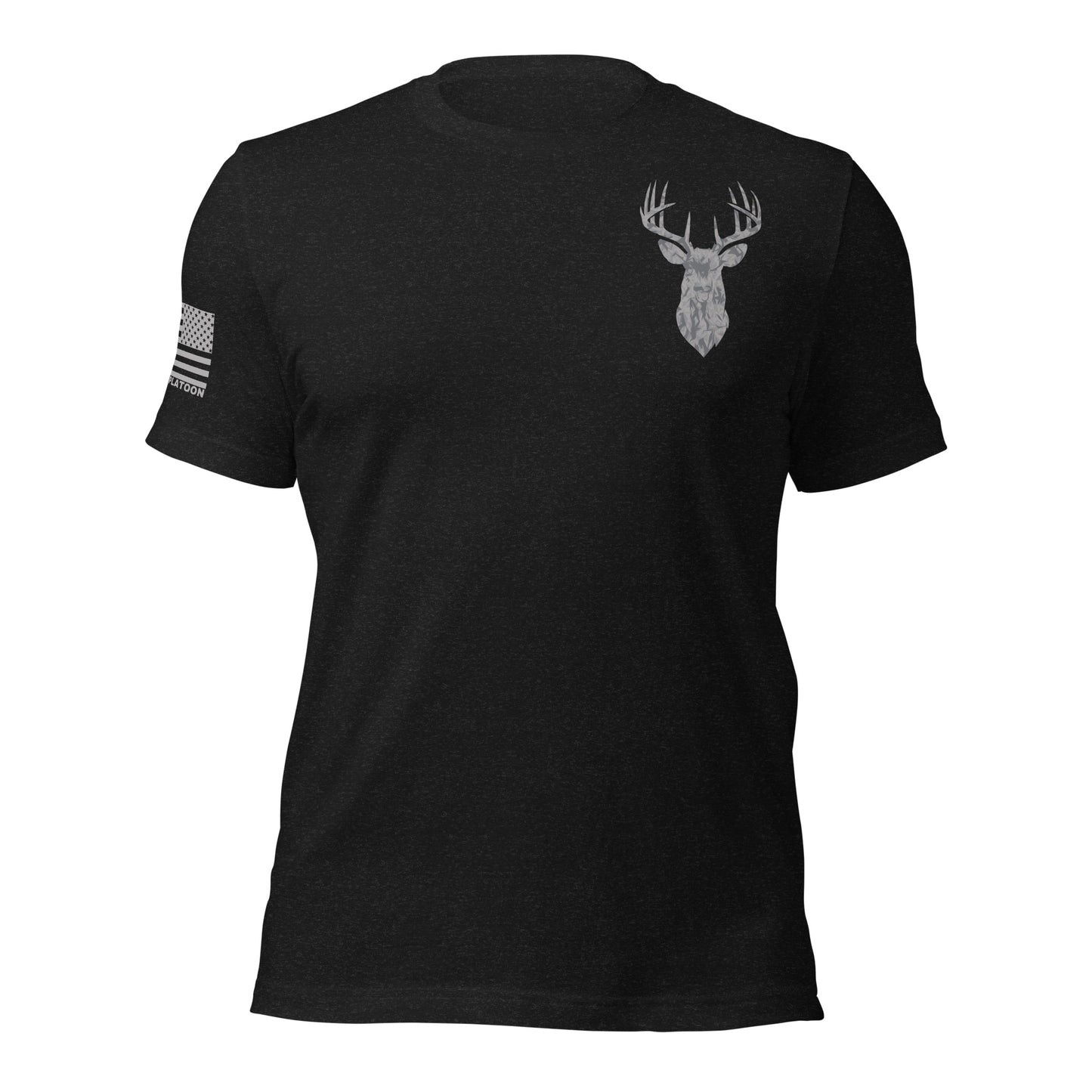 Black patriotic hunting t-shirt featuring a subtle deer Silhouette graphic on the chest. Ideal for hunters, veterans, and outdoor enthusiasts who appreciate minimalist patriotic apparel Made in the USA.