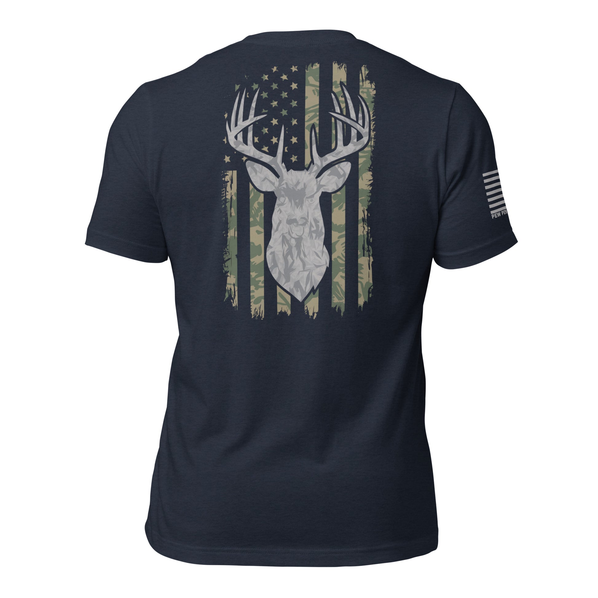 Men's Navy patriotic t-shirt featuring a deer Silhouette over a distressed American flag with a camouflage pattern. Perfect for hunters, veterans, and outdoor enthusiasts who love patriotic apparel made in the USA.