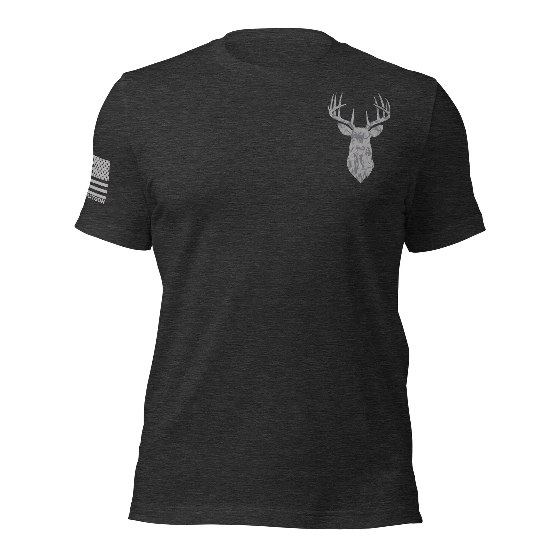 Dark grey patriotic hunting t-shirt featuring a subtle deer Silhouette graphic on the chest. Ideal for hunters, veterans, and outdoor enthusiasts who appreciate minimalist patriotic apparel Made in the USA.