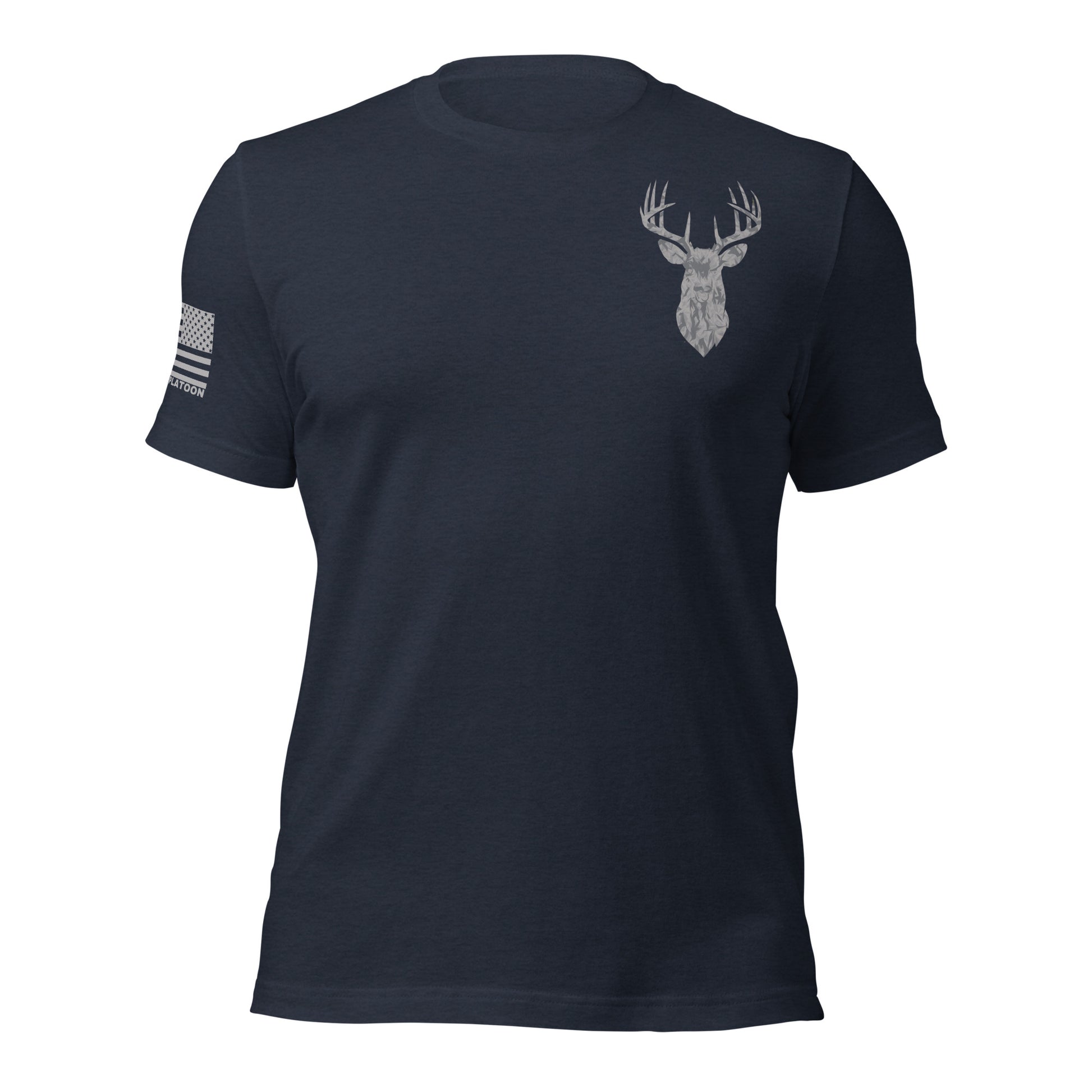 Navy patriotic hunting t-shirt featuring a subtle deer Silhouette graphic on the chest. Ideal for hunters, veterans, and outdoor enthusiasts who appreciate minimalist patriotic apparel Made in the USA.