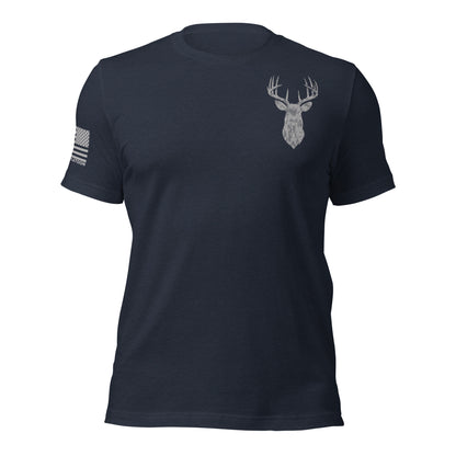 Navy patriotic hunting t-shirt featuring a subtle deer Silhouette graphic on the chest. Ideal for hunters, veterans, and outdoor enthusiasts who appreciate minimalist patriotic apparel Made in the USA.