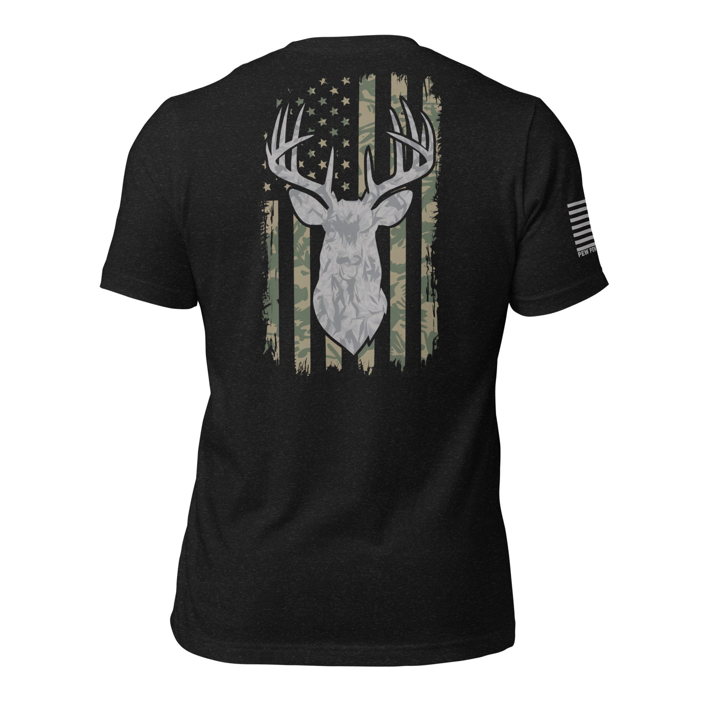 Men's patriotic t-shirt featuring a deer Silhouette over a distressed American flag with a camouflage pattern. Perfect for hunters, veterans, and outdoor enthusiasts who love patriotic apparel made in the USA.