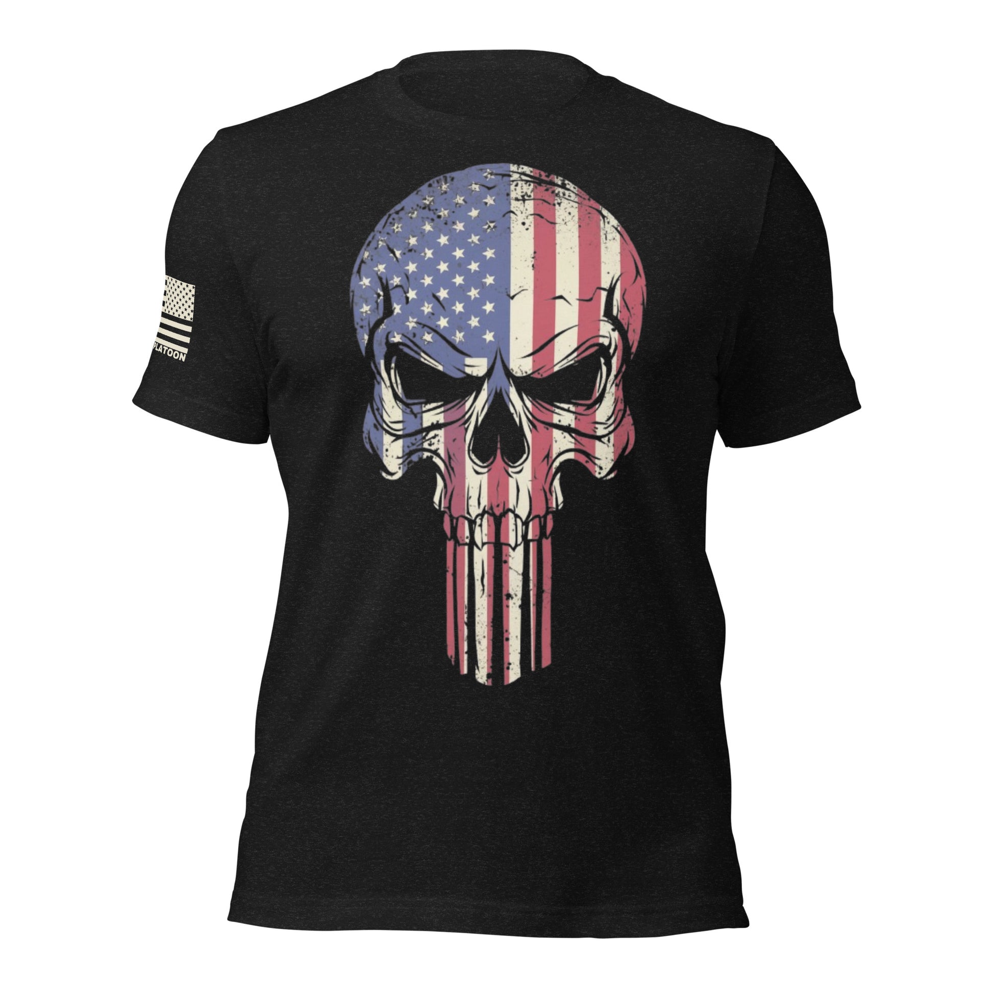 Patriotic Skull T-Shirt – American flag skull design on a black tee, made in the USA, perfect for veterans, gun enthusiasts, and proud patriots